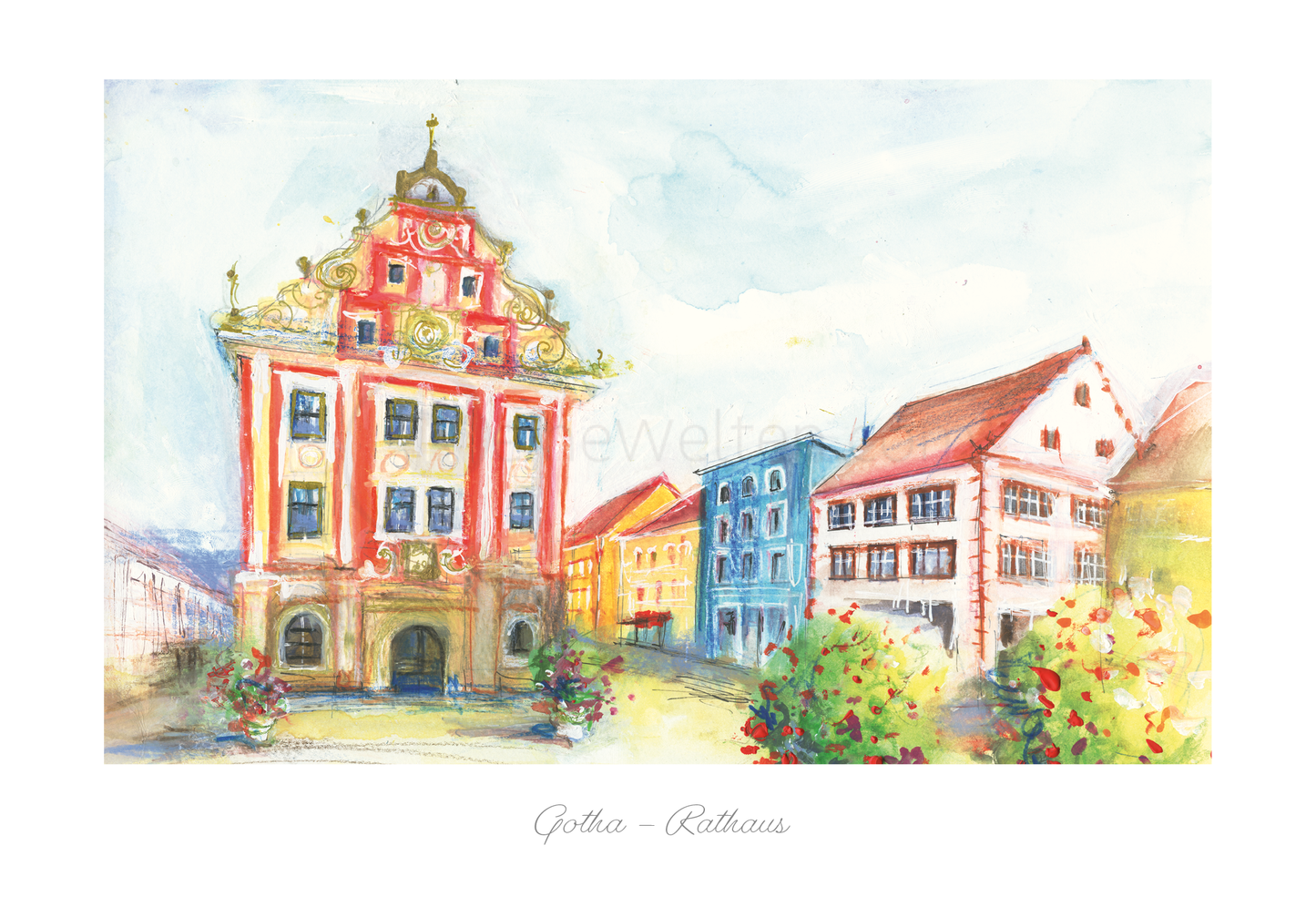 Historische Aquarell-Postkarte des Gothaer Rathauses Postkarten meinewelten.com Michalina Koch