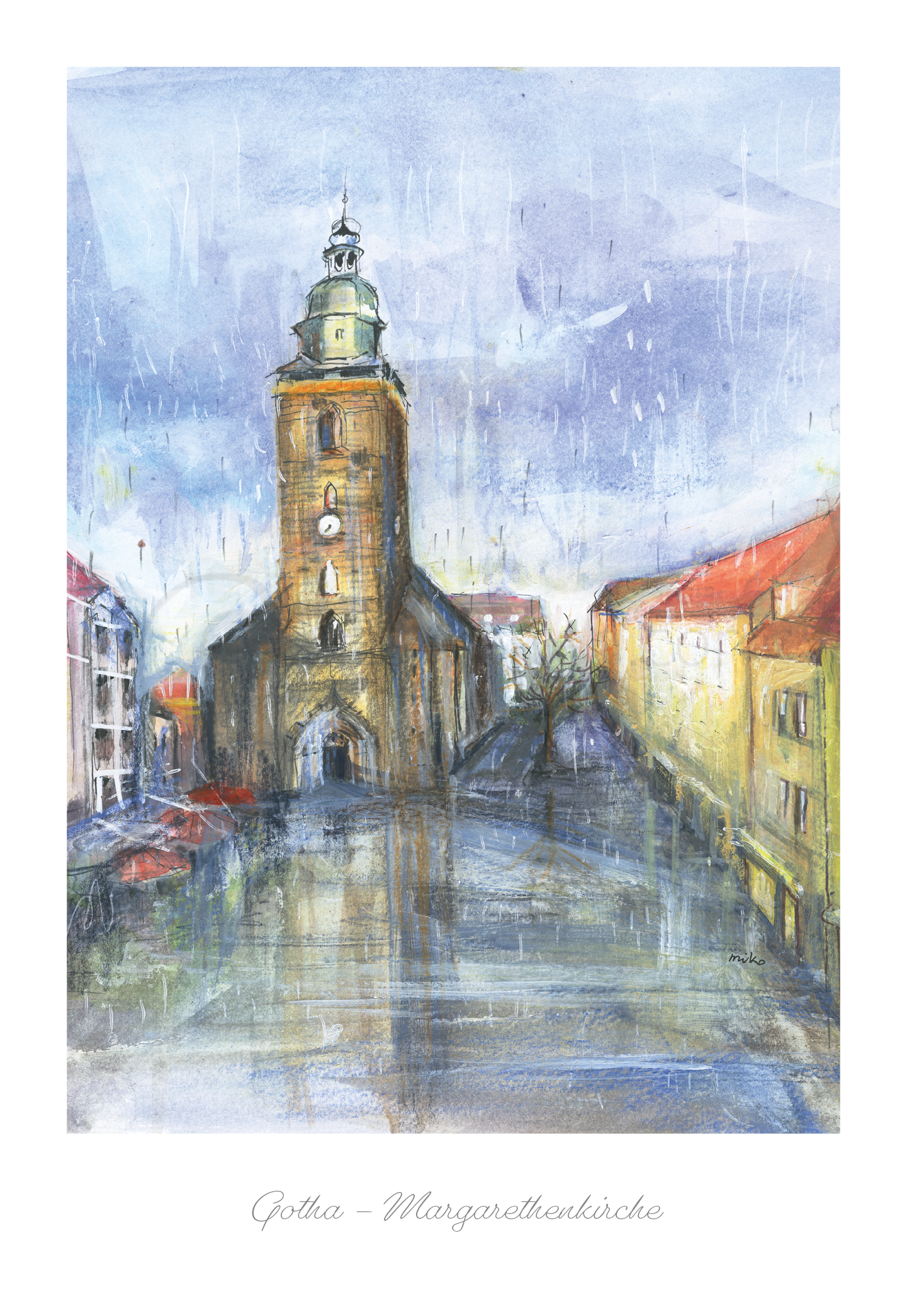 Gotha - Aquarell-Postkarte der Margarethenkirche bei Regen Postkarten meinewelten.com Michalina Koch